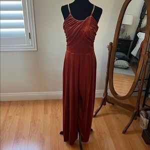 Velvet Chain-Strap Wide-Leg Jumpsuit in Rust